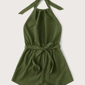 Green halter romper- open back